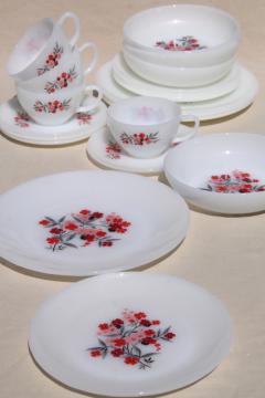 catalog photo of vintage Fire King milk glass dinnerware set for 4, Primrose pink flowers cottage chic