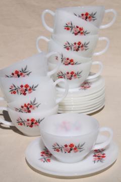 catalog photo of vintage Fire King milk glass dishes, Primrose pink flowers cups & saucers