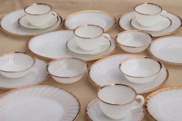 catalog photo of vintage Fire King milk glass dishes set for 4, white swirl w/ gold trim