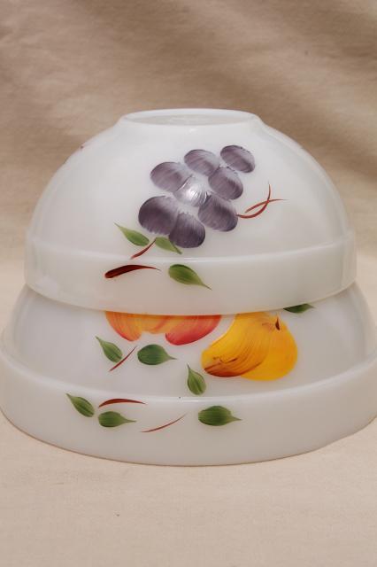 photo of vintage Fire King milk glass mixing bowls w/ hand painted fruit Gay Fad studios #2