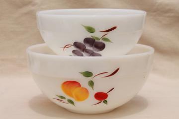 catalog photo of vintage Fire King milk glass mixing bowls w/ hand painted fruit Gay Fad studios