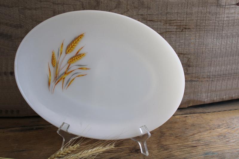 photo of vintage Fire King milk glass platter w/ golden harvest wheat pattern #1