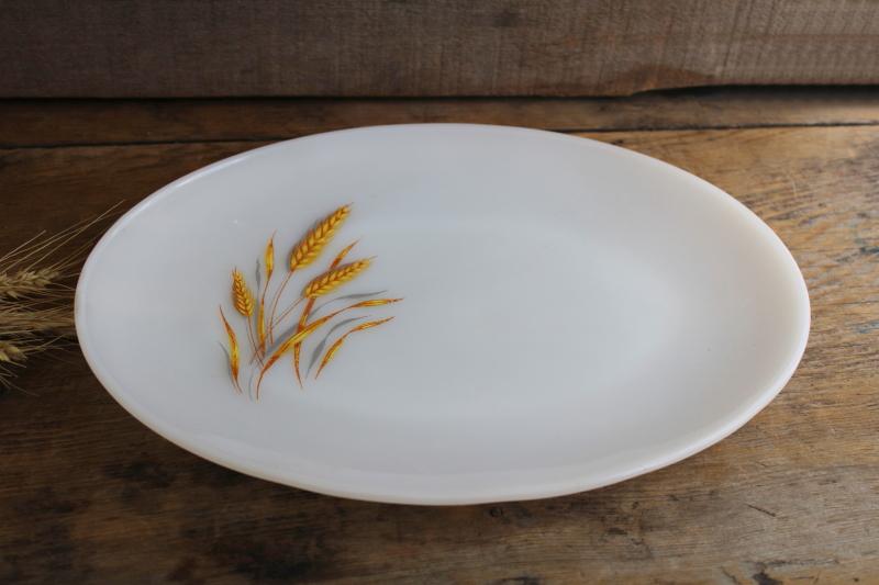 photo of vintage Fire King milk glass platter w/ golden harvest wheat pattern #2