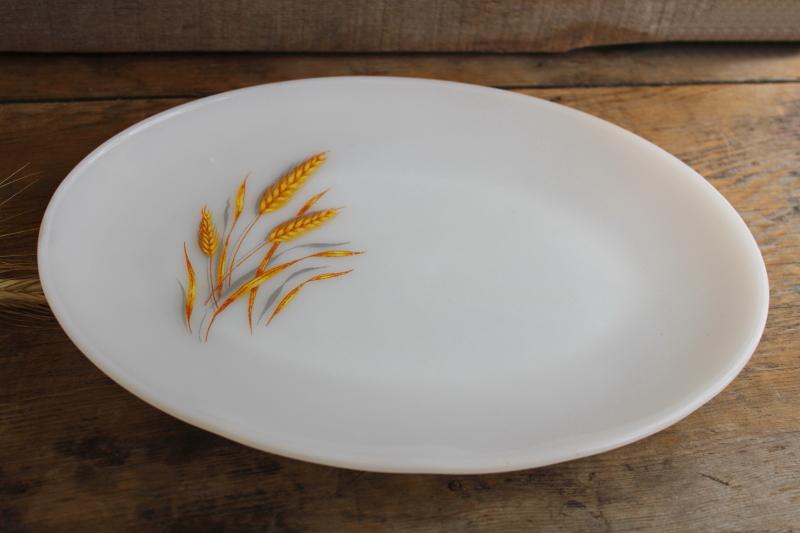 photo of vintage Fire King milk glass platter w/ golden harvest wheat pattern #6