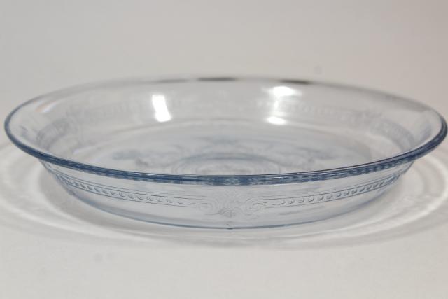 photo of vintage Fire King oven proof glassware, pie pan plates sapphire blue depression glass #4