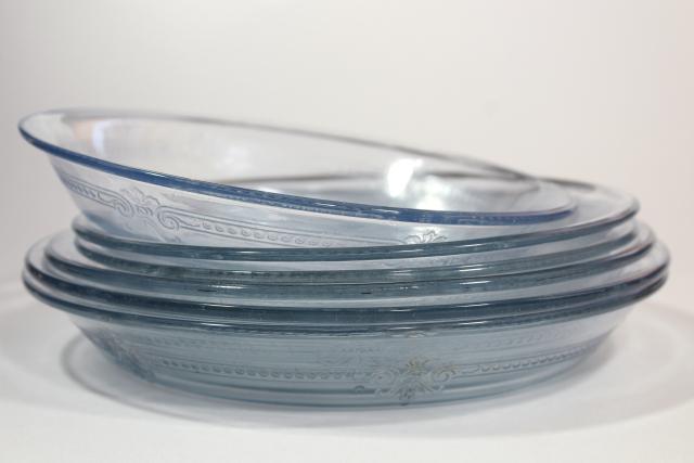 photo of vintage Fire King oven proof glassware, pie pan plates sapphire blue depression glass #8
