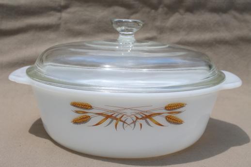 photo of vintage Fire King oven proof kitchen glass oval casserole w/ gold wheat #1