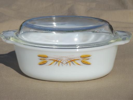 photo of vintage Fire King oven proof kitchen glass oval casserole w/ gold wheat #1