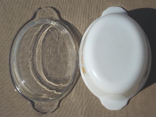 photo of vintage Fire King oven proof kitchen glass oval casserole w/ gold wheat #4