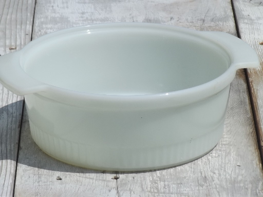 photo of vintage Fire King oven ware glass, round ribbed milk glass casserole #1