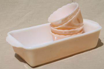 catalog photo of vintage Fire King peach luster copper tint milk glass custard cups & loaf pan