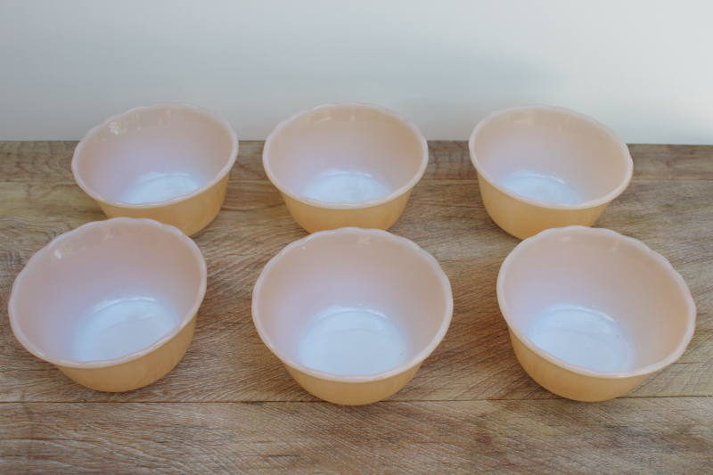 photo of vintage Fire King peach luster glass custard cups, set of six ramekins or tiny bowls #2