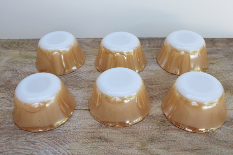 photo of vintage Fire King peach luster glass custard cups, set of six ramekins or tiny bowls #3