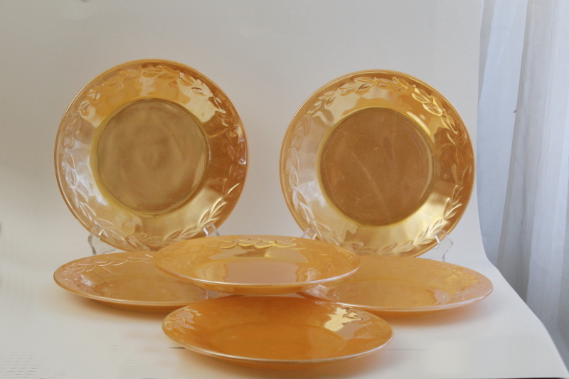 photo of vintage Fire King peach luster glass, laurel leaf pattern dinner plates set of 6 #1