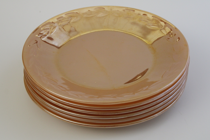 photo of vintage Fire King peach luster glass, laurel leaf pattern dinner plates set of 6 #7