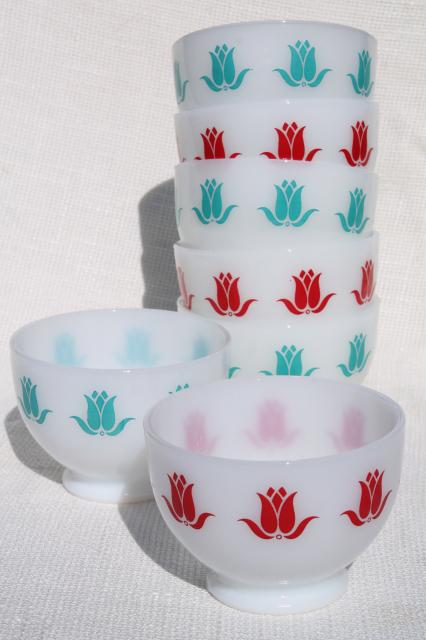 photo of vintage Fire King tulip cottage cheese bowls, red & aqua flowers on milk glass #1