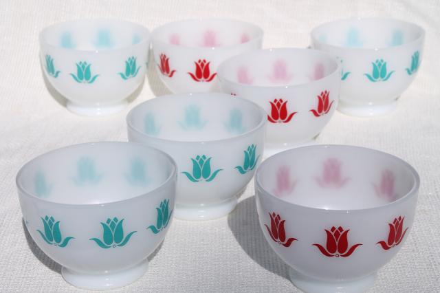 photo of vintage Fire King tulip cottage cheese bowls, red & aqua flowers on milk glass #4