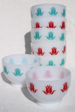 catalog photo of vintage Fire King tulip cottage cheese bowls, red & aqua flowers on milk glass