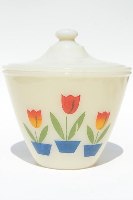 photo of vintage Fire King tulip covered bowl grease jar, primary tulips on ivory milk glass #1