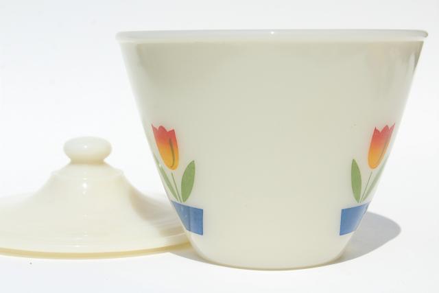 photo of vintage Fire King tulip covered bowl grease jar, primary tulips on ivory milk glass #3