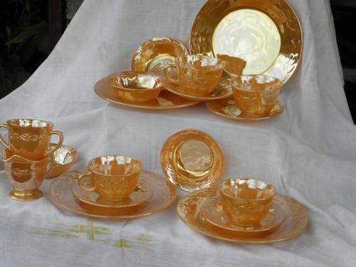 photo of vintage Fire-King copper tint peach luster glass dishes, set for 4 #1