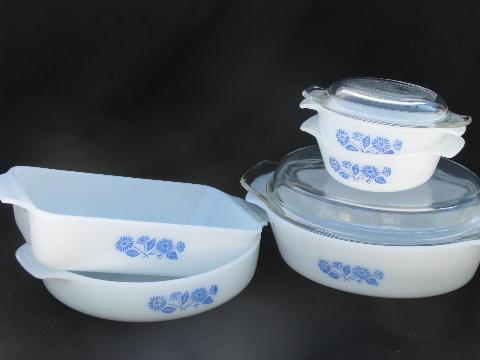 photo of vintage Fire-King glass ovenware, blue flower cornflower pattern set #1