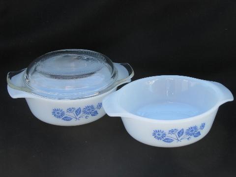 photo of vintage Fire-King glass ovenware, blue flower cornflower pattern set #4