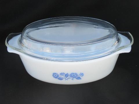 photo of vintage Fire-King glass ovenware, blue flower cornflower pattern set #5