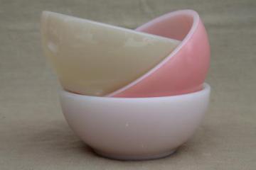 catalog photo of vintage Fire-King glass soup / chili bowls, ivory, pink white milk glass