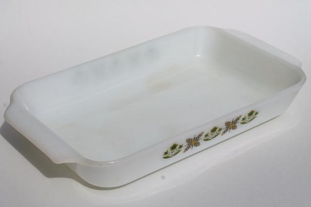 photo of vintage Fire-King green meadow pattern milk glass baking dish, rectangular pan #1