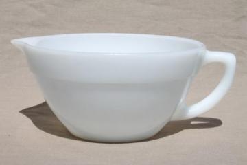 catalog photo of vintage Fire-King milk glass batter pitcher, kitchen glass mixing bowl w/ spout