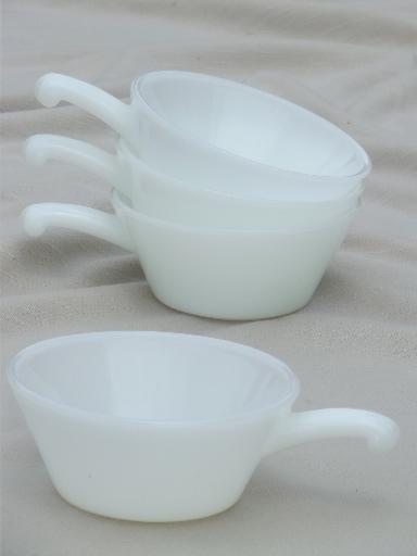 photo of vintage Fire-King milk glass stick handle onion soup bowl casserole set #1