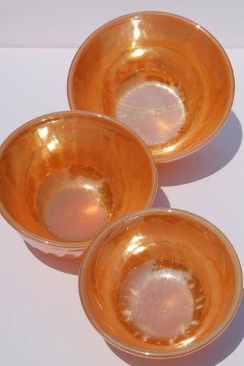 photo of vintage Fire-King peach luster glass mixing bowl nest, nesting swirl bowls #4