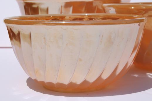 photo of vintage Fire-King peach luster glass mixing bowl nest, nesting swirl bowls #7
