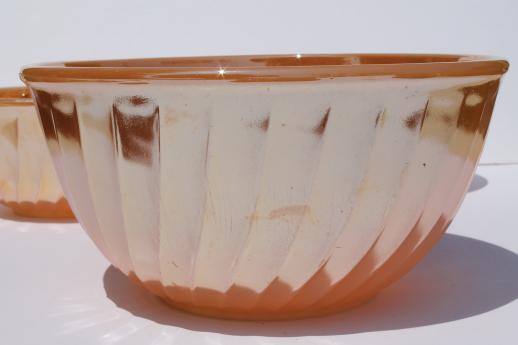 photo of vintage Fire-King peach luster glass mixing bowl nest, nesting swirl bowls #9
