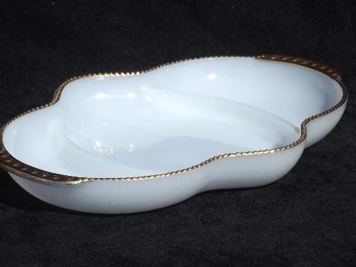 photo of vintage Fire-King white w/ gold glass relish dish, divided serving bowl #1