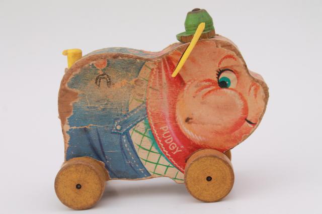 photo of vintage Fisher Price Pudgy Pig wooden pull toy, shabby primitive w/ wood wheels #2