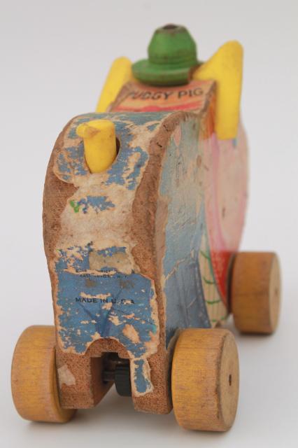 photo of vintage Fisher Price Pudgy Pig wooden pull toy, shabby primitive w/ wood wheels #3