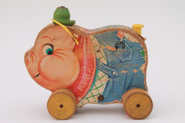 photo of vintage Fisher Price Pudgy Pig wooden pull toy, shabby primitive w/ wood wheels #4