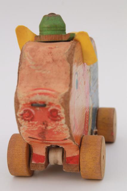 photo of vintage Fisher Price Pudgy Pig wooden pull toy, shabby primitive w/ wood wheels #5