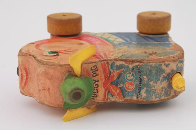 photo of vintage Fisher Price Pudgy Pig wooden pull toy, shabby primitive w/ wood wheels #6