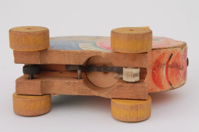 photo of vintage Fisher Price Pudgy Pig wooden pull toy, shabby primitive w/ wood wheels #7