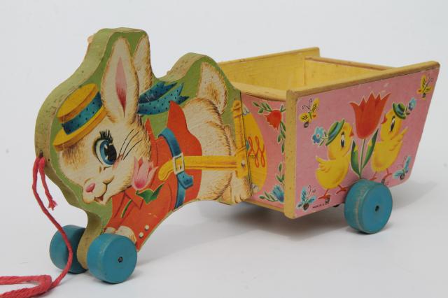 photo of vintage Fisher Price pull toy, print paper wood Easter bunny rabbit flower cart #1