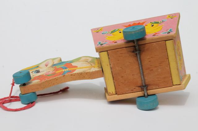 photo of vintage Fisher Price pull toy, print paper wood Easter bunny rabbit flower cart #2