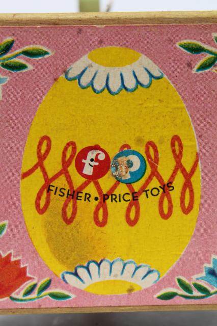 photo of vintage Fisher Price pull toy, print paper wood Easter bunny rabbit flower cart #3