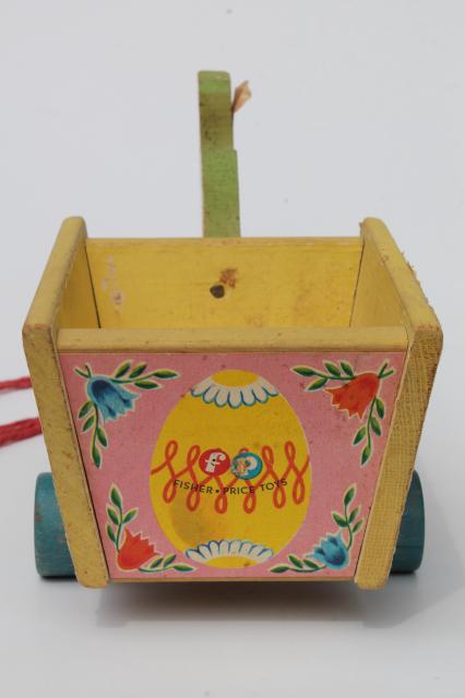 photo of vintage Fisher Price pull toy, print paper wood Easter bunny rabbit flower cart #5