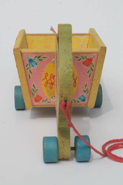 photo of vintage Fisher Price pull toy, print paper wood Easter bunny rabbit flower cart #7