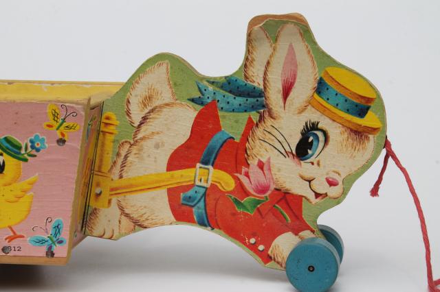 photo of vintage Fisher Price pull toy, print paper wood Easter bunny rabbit flower cart #8