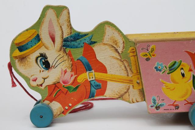 photo of vintage Fisher Price pull toy, print paper wood Easter bunny rabbit flower cart #9