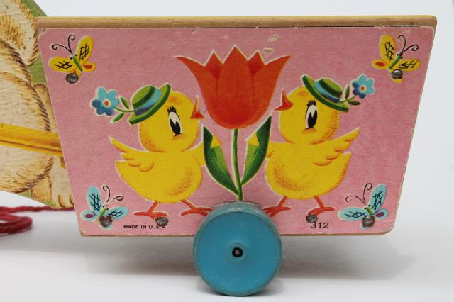 photo of vintage Fisher Price pull toy, print paper wood Easter bunny rabbit flower cart #10